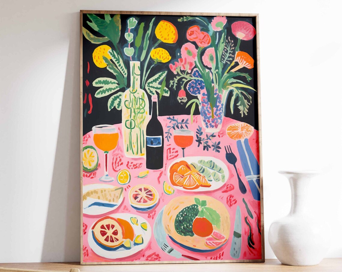 Dinner Table Food Illustration Cafe Decor Poster