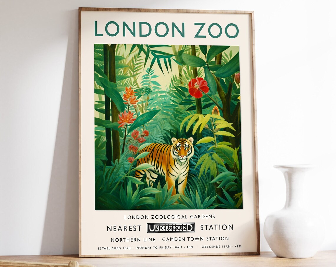London Zoo Vintage Underground Tiger Jungle Travel Poster Art