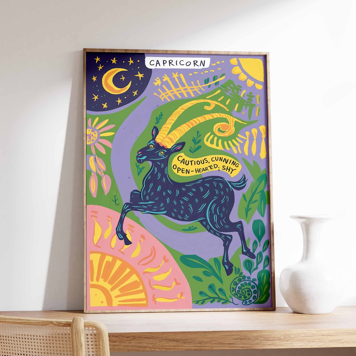 Capricorn Zodiac Goat Leaping Green Purple Celestial Star Sign Poster