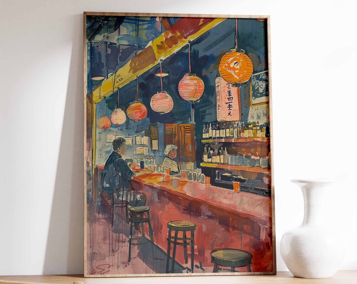 Japanese Izakaya Bar Paper Lantern Watercolor Retro Beautiful Poster