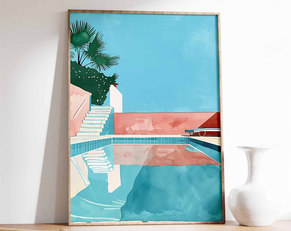 Turquoise Swimming Pool With Pink Walls Palm Trees Mid Century Poster