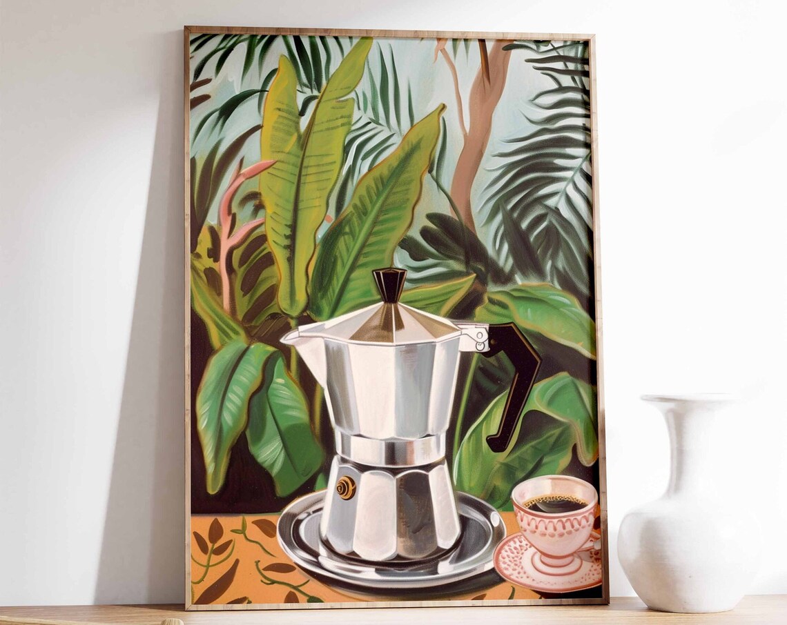 Vintage Italian Moka Pot Coffee Poster Tropical Botanical Kitchen Art