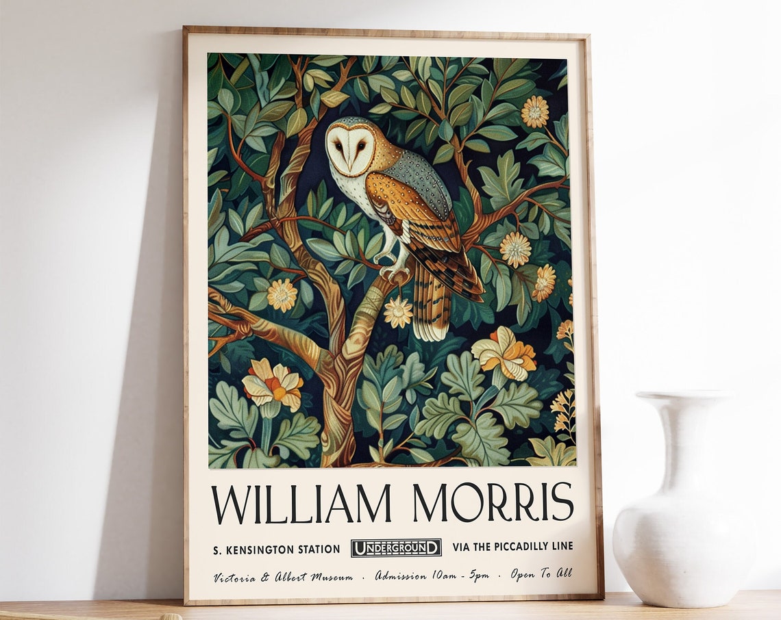 William Morris Owl Among Spring Flowers Botanical Style Art Poster