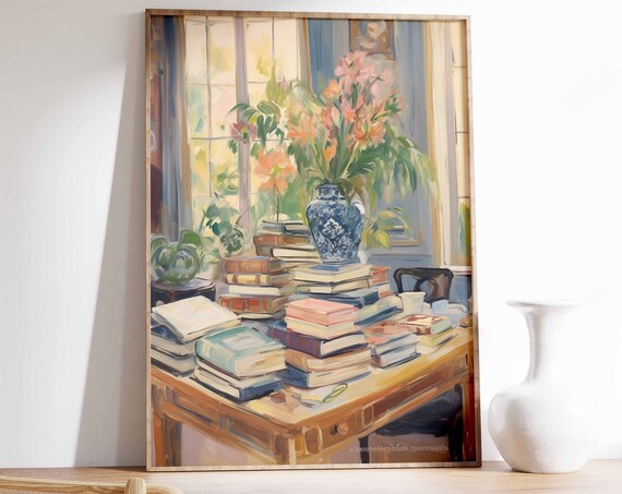 Vintage Stacks of Old Books Beside Window Flowers Painting Poster