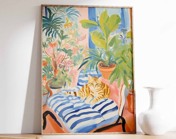 Orange Tabby Cat Resting on Striped Chair Among Plants Poster