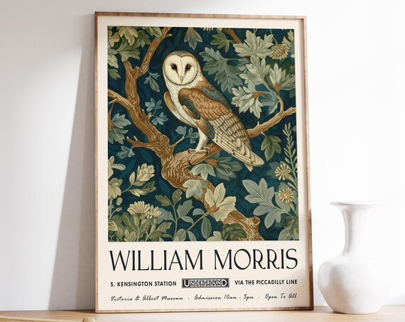 William Morris White Barn Owl on Leafy Branch Botanical Style Poster