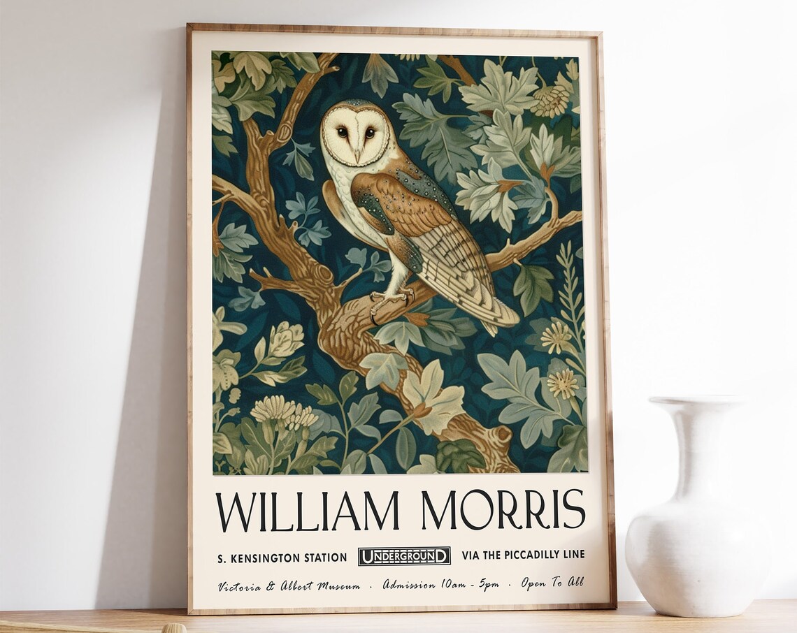 William Morris White Barn Owl on Leafy Branch Botanical Style Poster