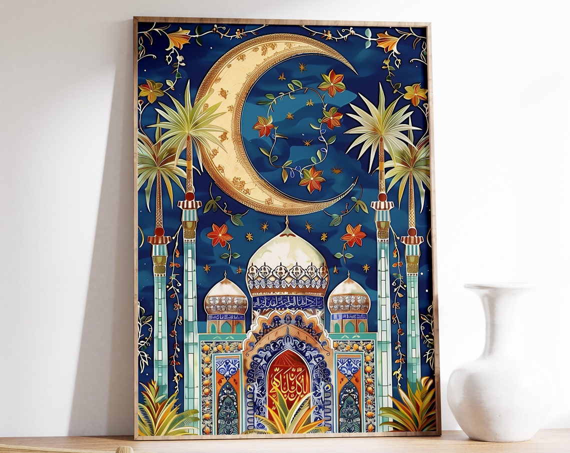 Blue Islamic Floral Mosque Crescent Moon Night Sky Art Poster