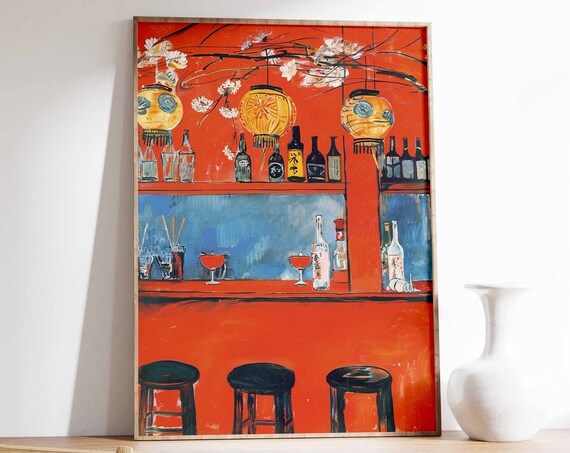 Red Japanese Cocktail Bar With Lanterns and Blossoms Izakaya Scene Art Poster