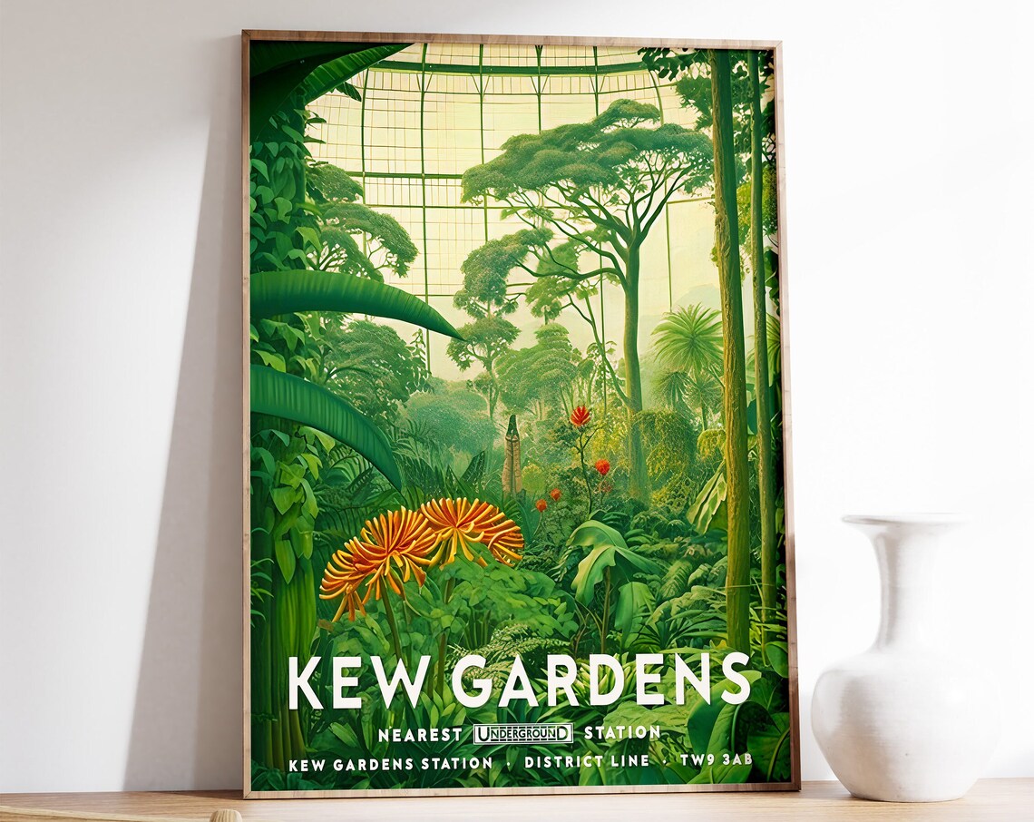 Kew Gardens Palm House Jungle London Underground Vintage Travel Poster