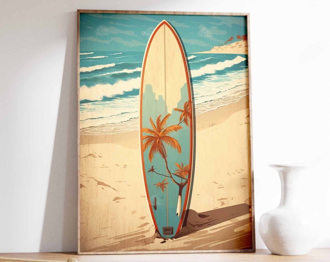 Retro Surfboard Palm Trees Sandy Beach Ocean Waves Art Poster