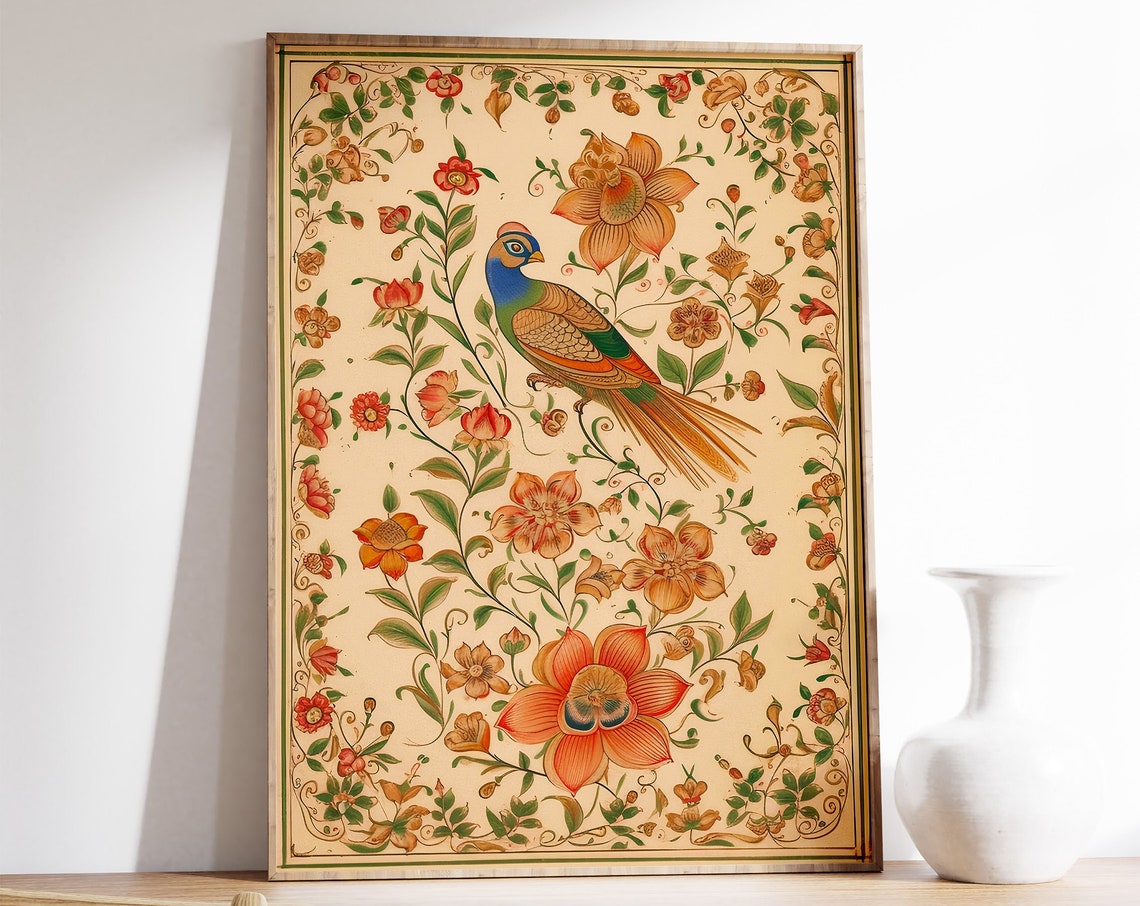 Traditional Indian Floral Bird Botanical Heritage Kitchen Wall Art