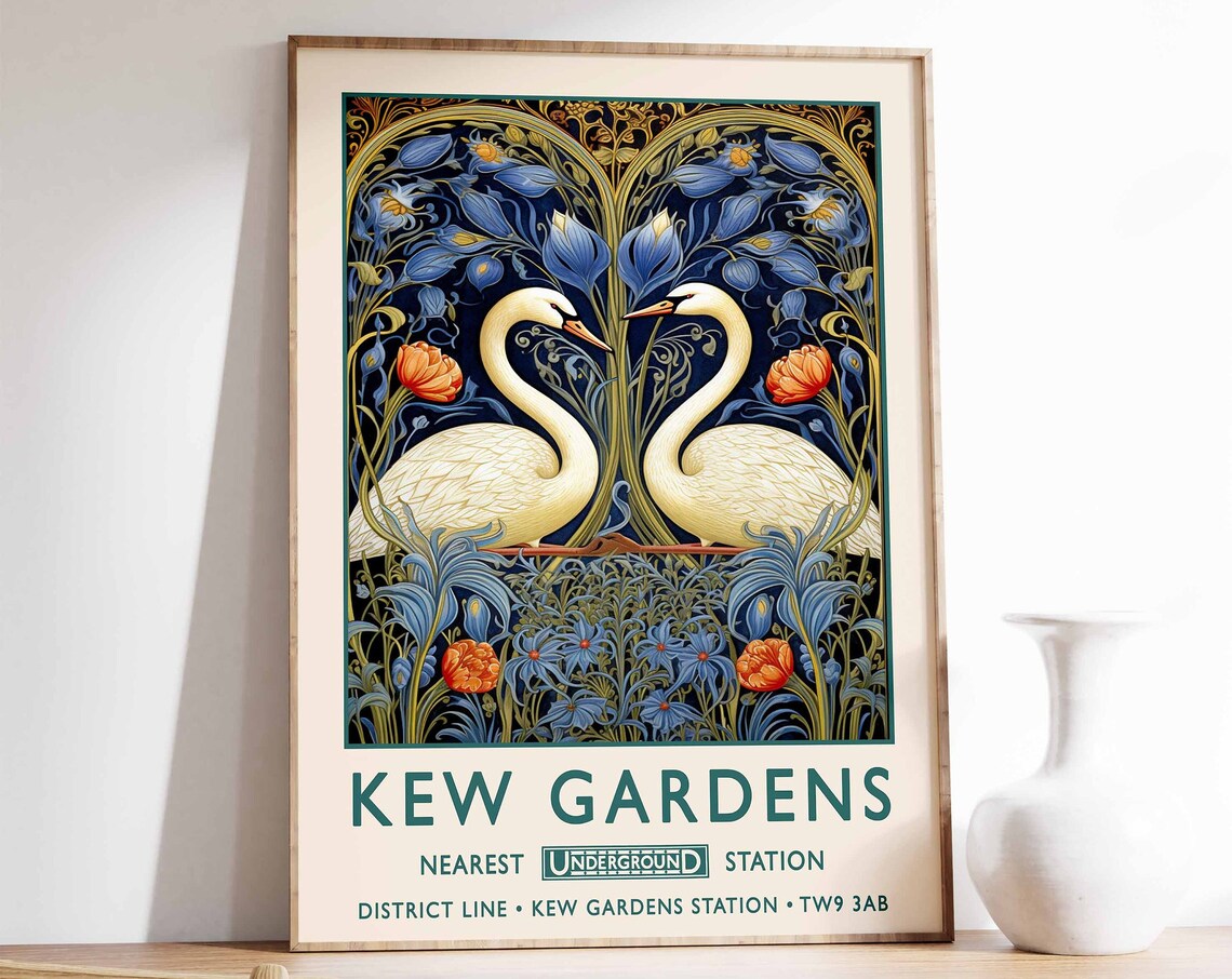 Kew Gardens Swans William Morris Style Underground Art Poster