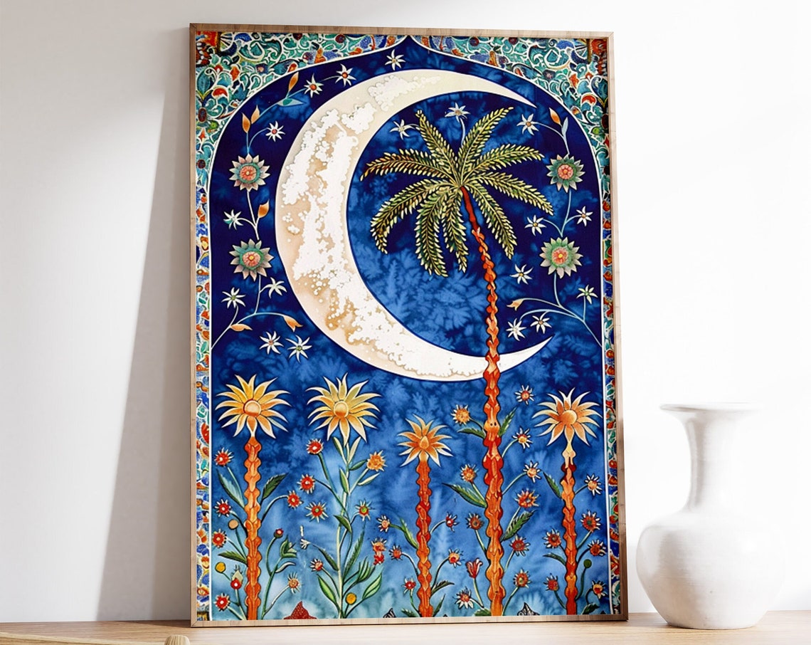 Middle Eastern Crescent Moon Palm Tree Islamic Floral Poster