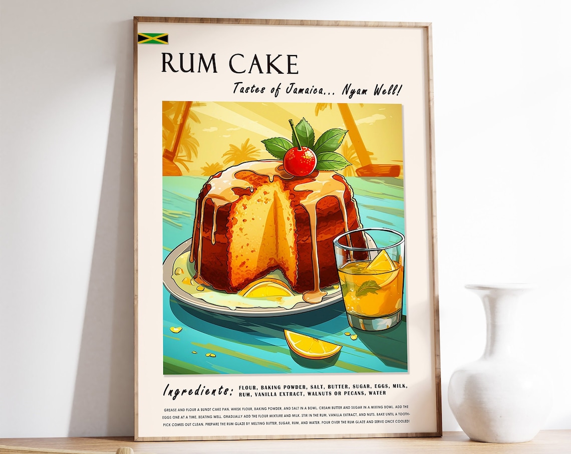 Rum Cake Jamaican Food Poster, Caribbean Dessert Art