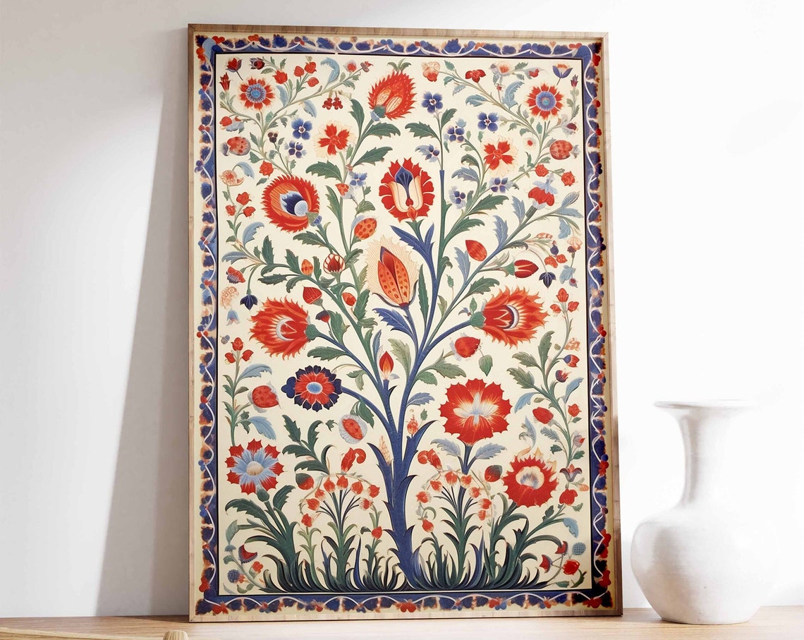 Indian Floral Textile Pattern Ivory Red Blue Vintage Botanical Print