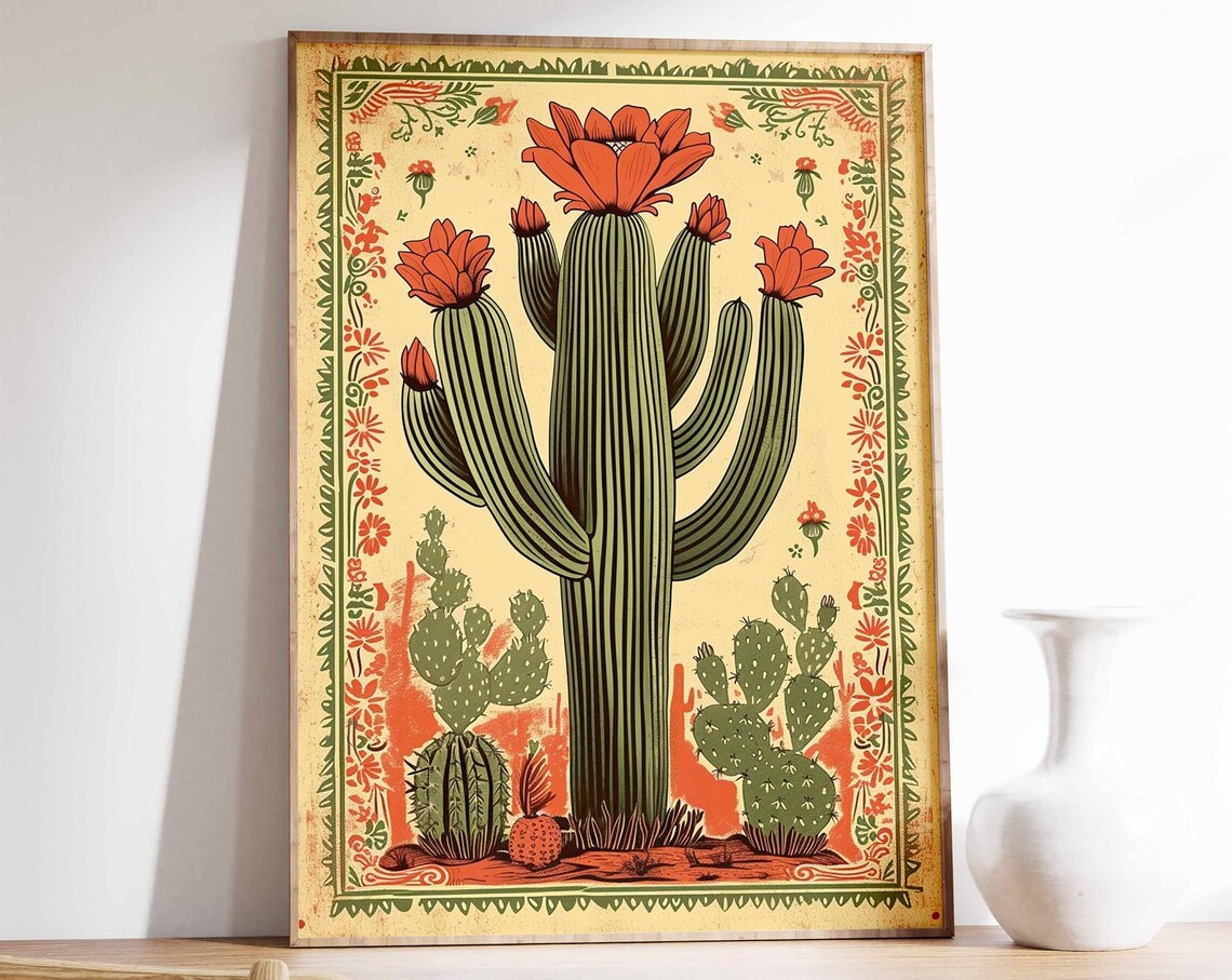 Vintage Mexican Cactus Blooming Saguaro Desert Folk Art Poster