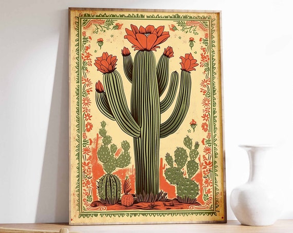 Vintage Mexican Cactus Blooming Saguaro Desert Folk Art Poster