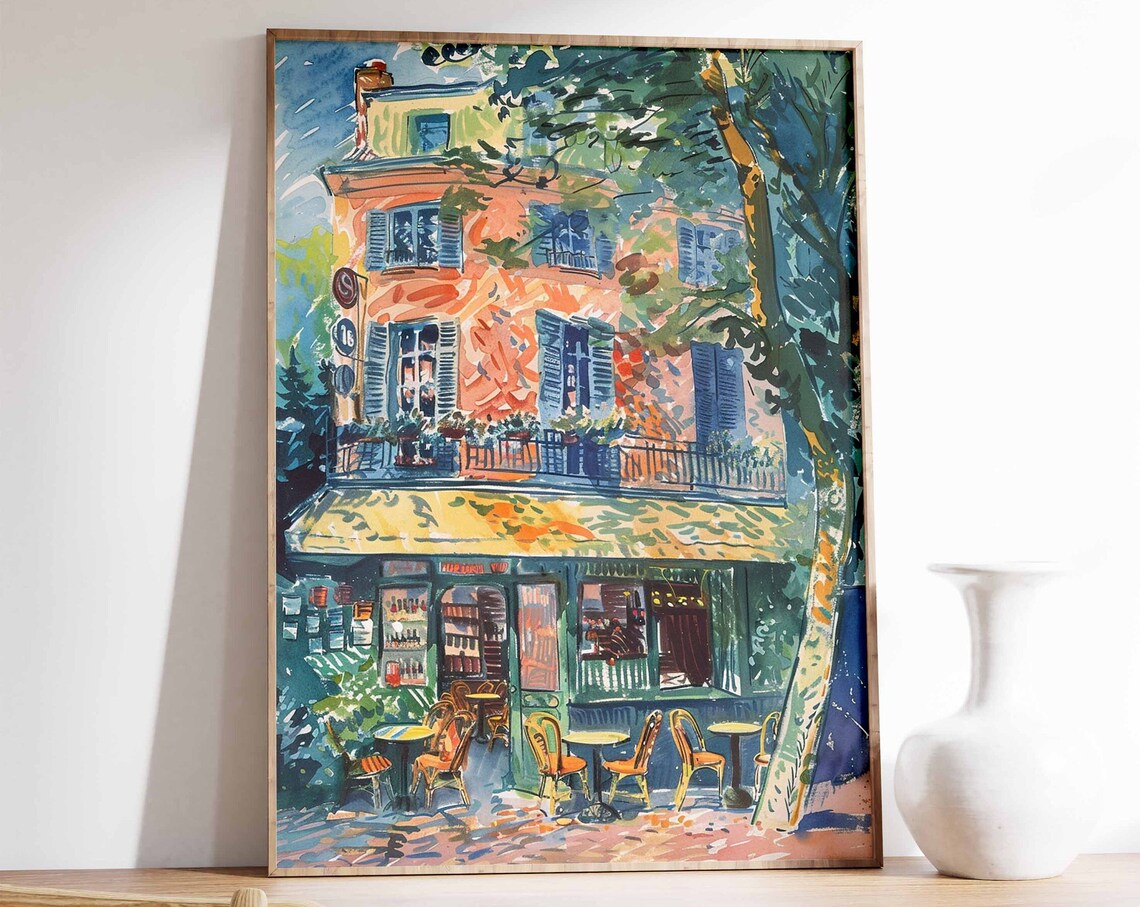 Parisian Street Cafe Watercolor Painting French Bistro Wall Poster