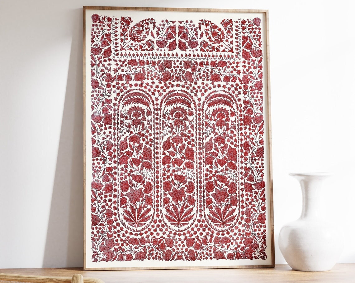 Red Floral Ornamental Arches Botanical Pattern Artwork Poster