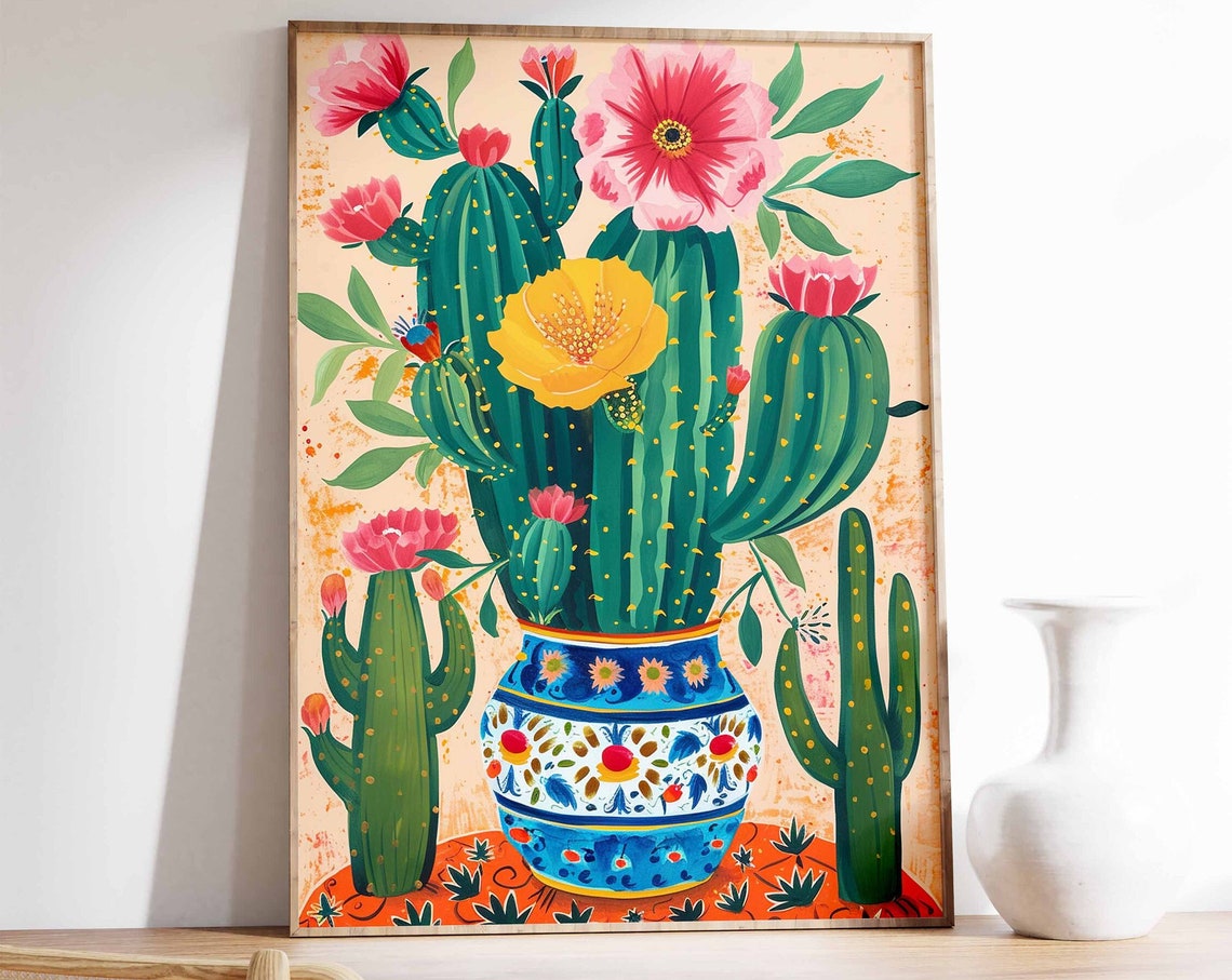 Flowering Cacti In Painted Talavera Vase Folk Art Poster Gift