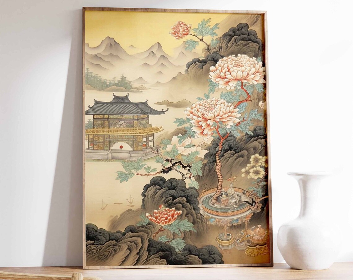 Chinese Vintage Landscape Floral Art Print