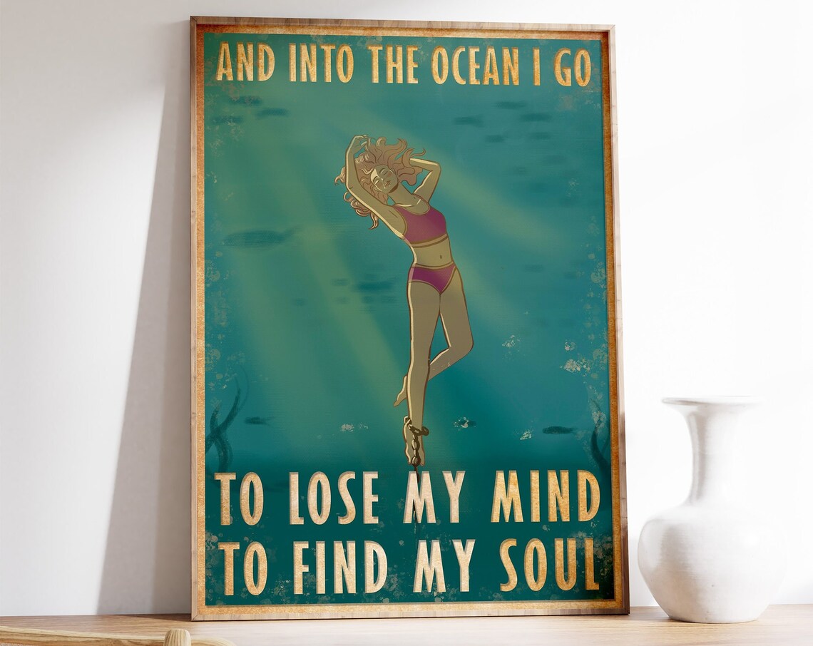 Into The Ocean I Go Vintage Diver Quote Poster Find My Soul Art