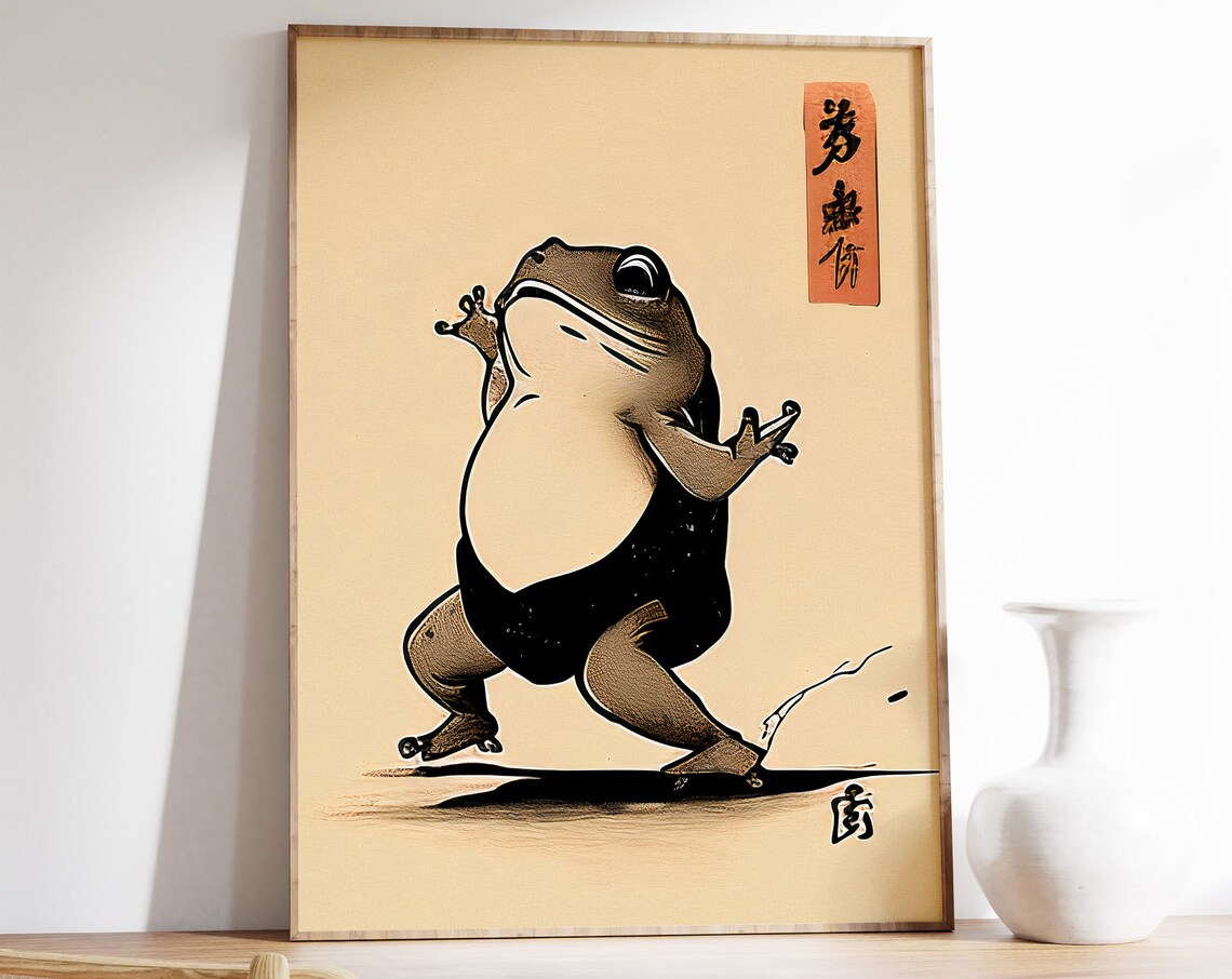 Funny Sumo Frog Japanese Woodblock Style Animal Beautiful Wall Art
