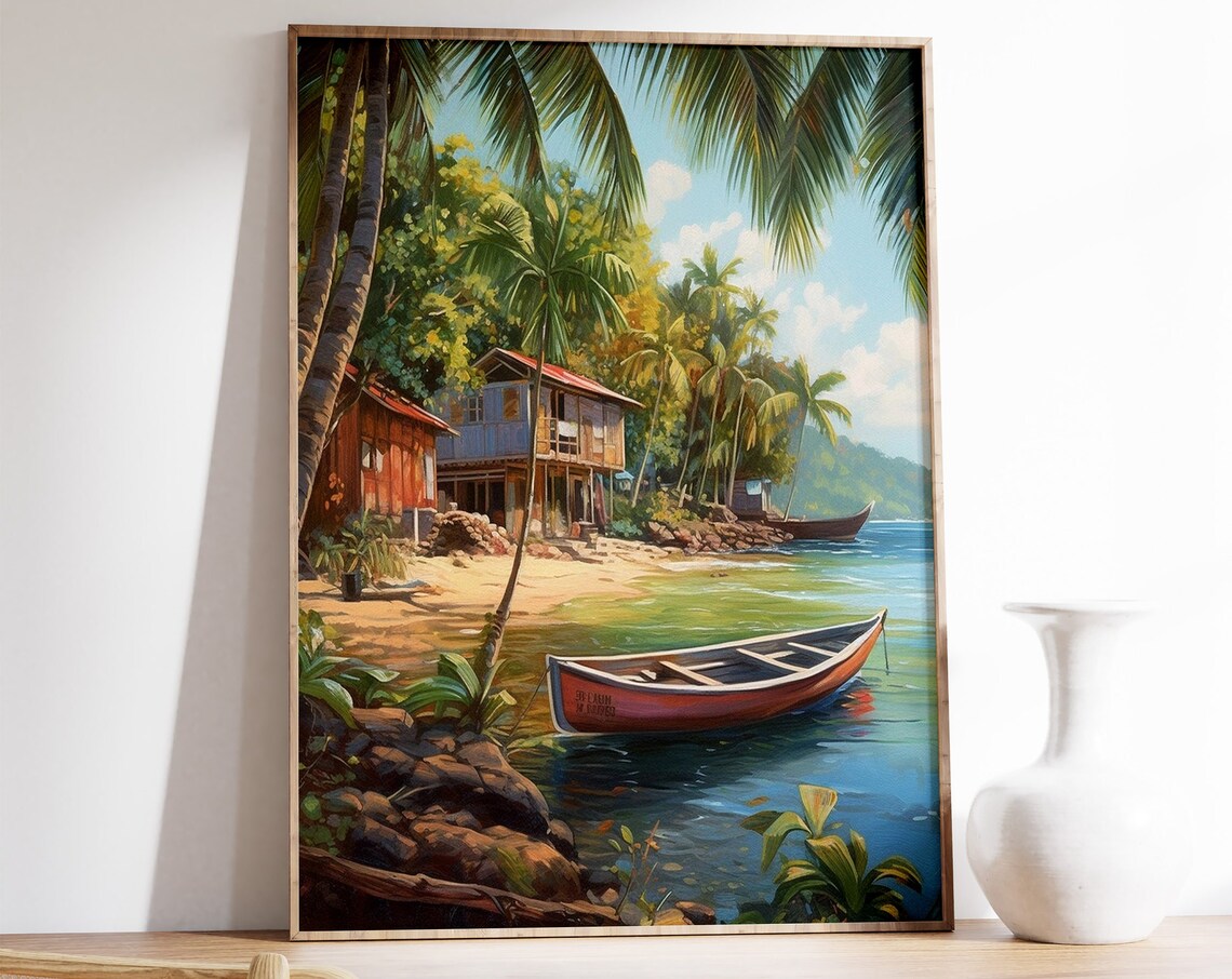 Caribbean Tropical Floral Travel Poster, Scenery Art Print