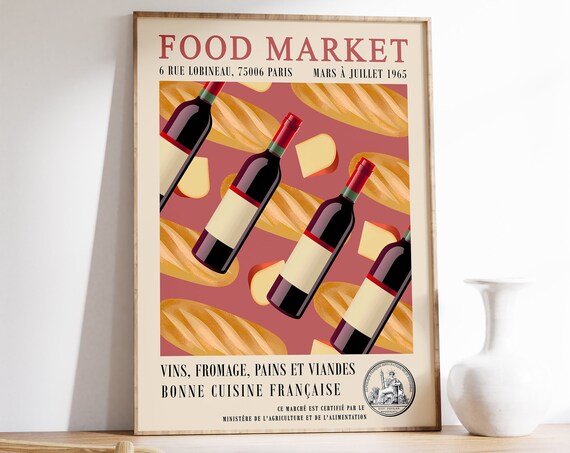 Paris Food Market 1965 Wine Baguette Cheese Vintage French Poster