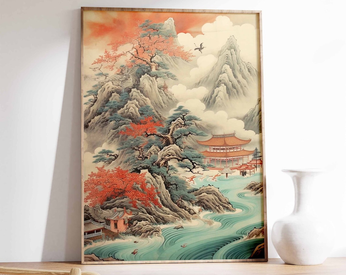 Chinese Vintage Landscape Art Print, Asian Decor