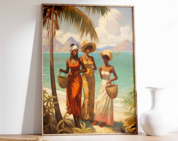 Caribbean Island Beach Women Baskets Tropical Vintage Art Print