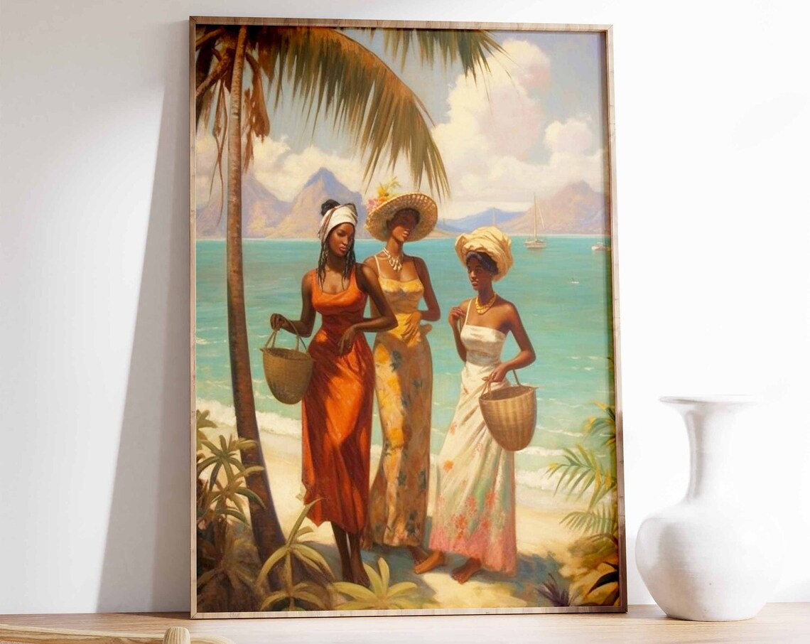 Caribbean Island Beach Women Baskets Tropical Vintage Art Print