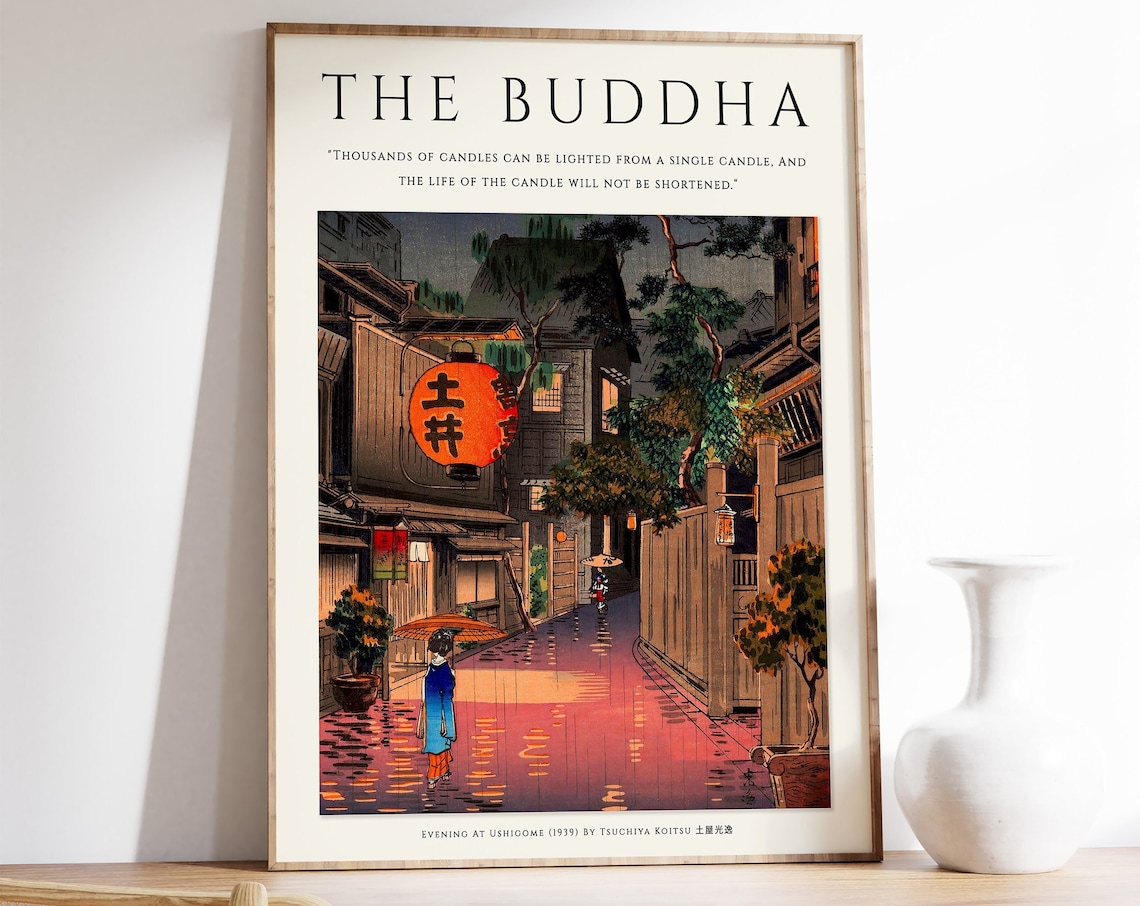 Buddha Spiritual Art Print, Japanese Floral Design