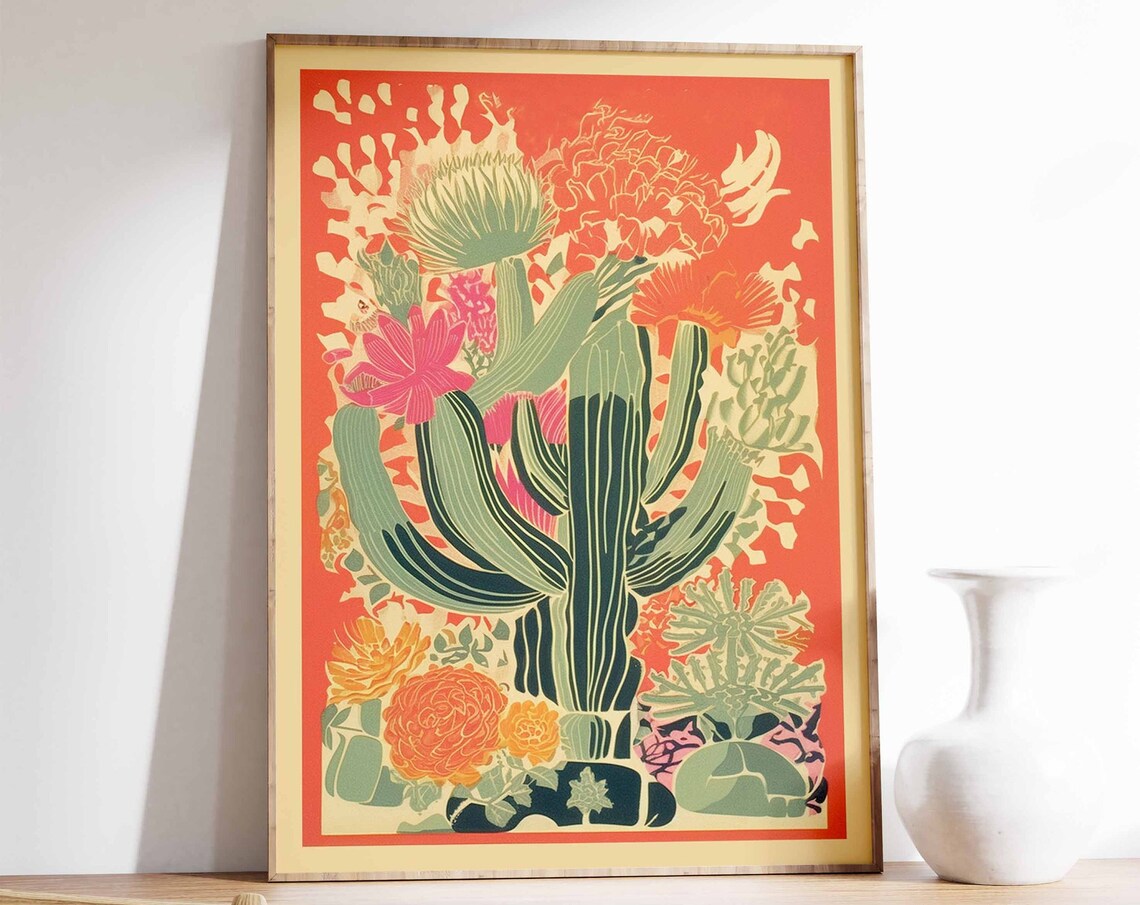 Vintage Mexican Saguaro Cactus in Bold Orange Folk Art Poster