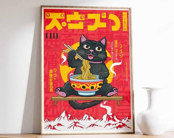 Black Cat Eating Ramen Vintage Japanese Poster with Mount Fuji Art