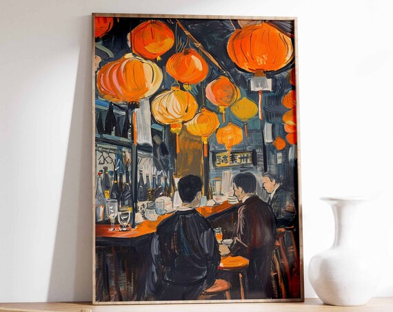 Japanese Izakaya at Night Glowing Orange Lanterns Bar Counter Scene Art Poster