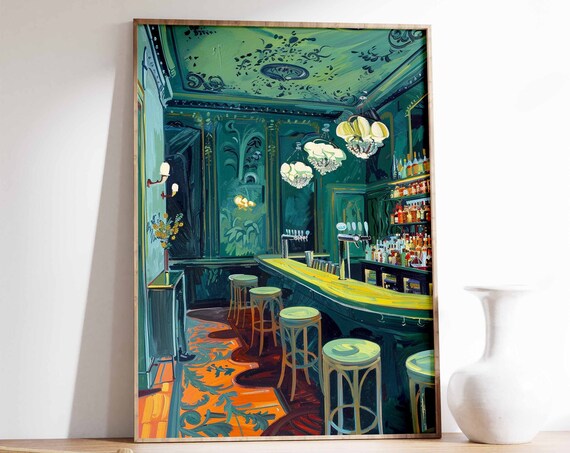 Teal Green Cocktail Bar Chandeliers Elegant Interior Art Print