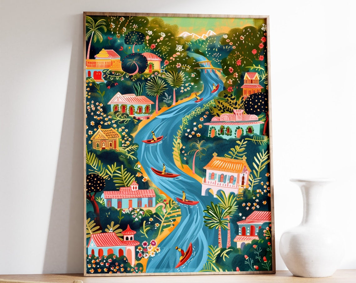 Colorful Tropical River Village Folk Art Illustration Poster