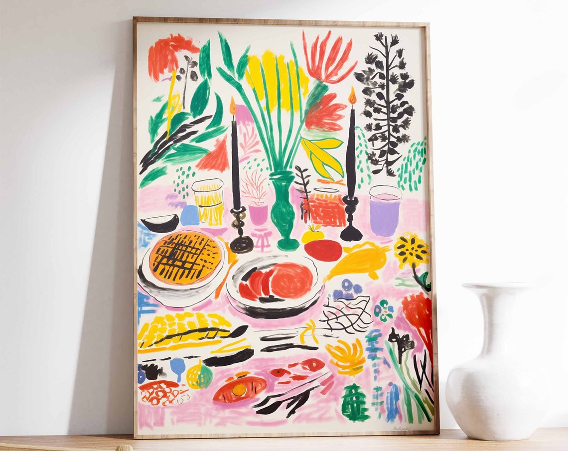 Colorful Abstract Dinner Table Still Life Candles Food Poster