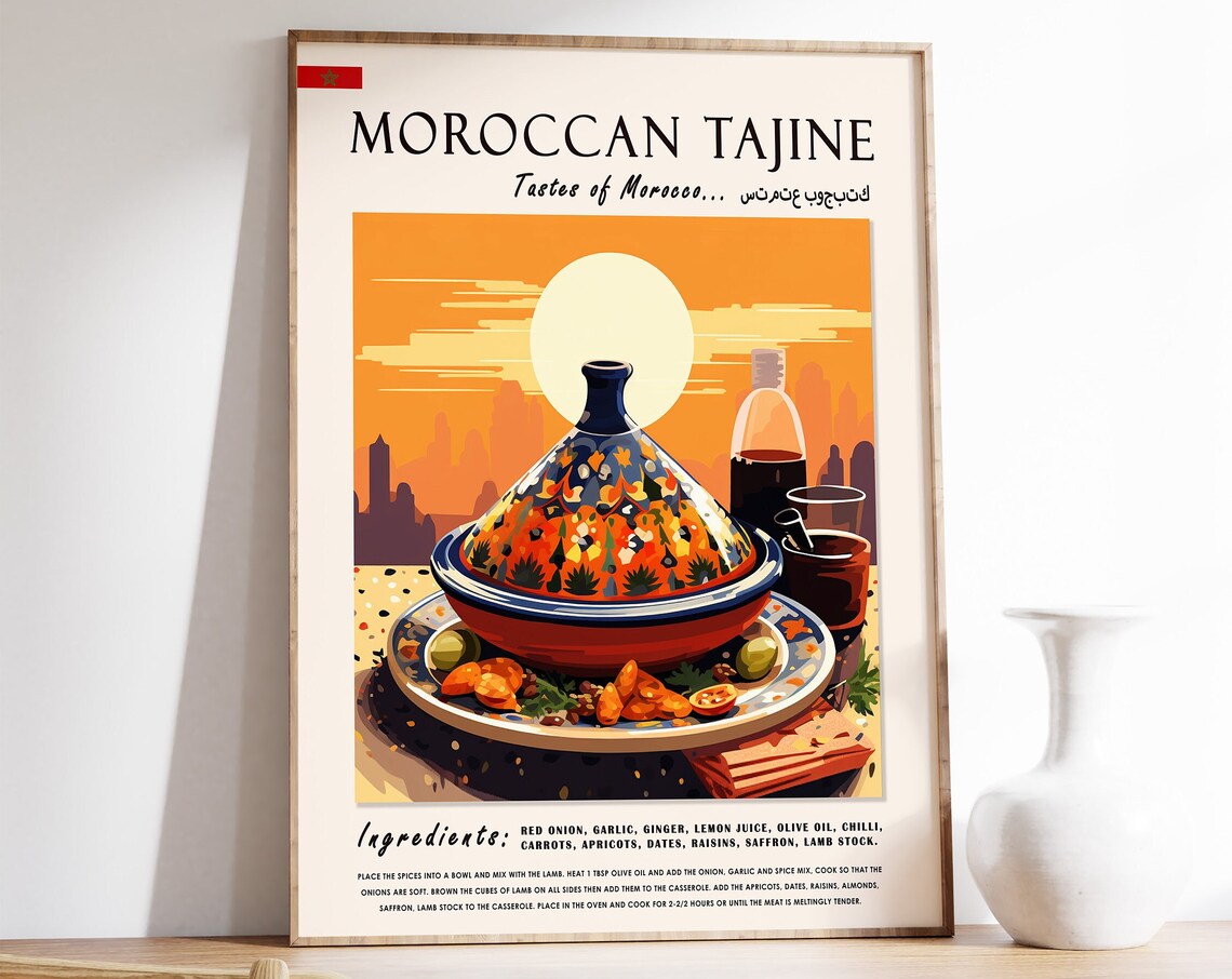 Moroccan Tajine Sunset Recipe Illustration Exotic Kitchen Wall Art
