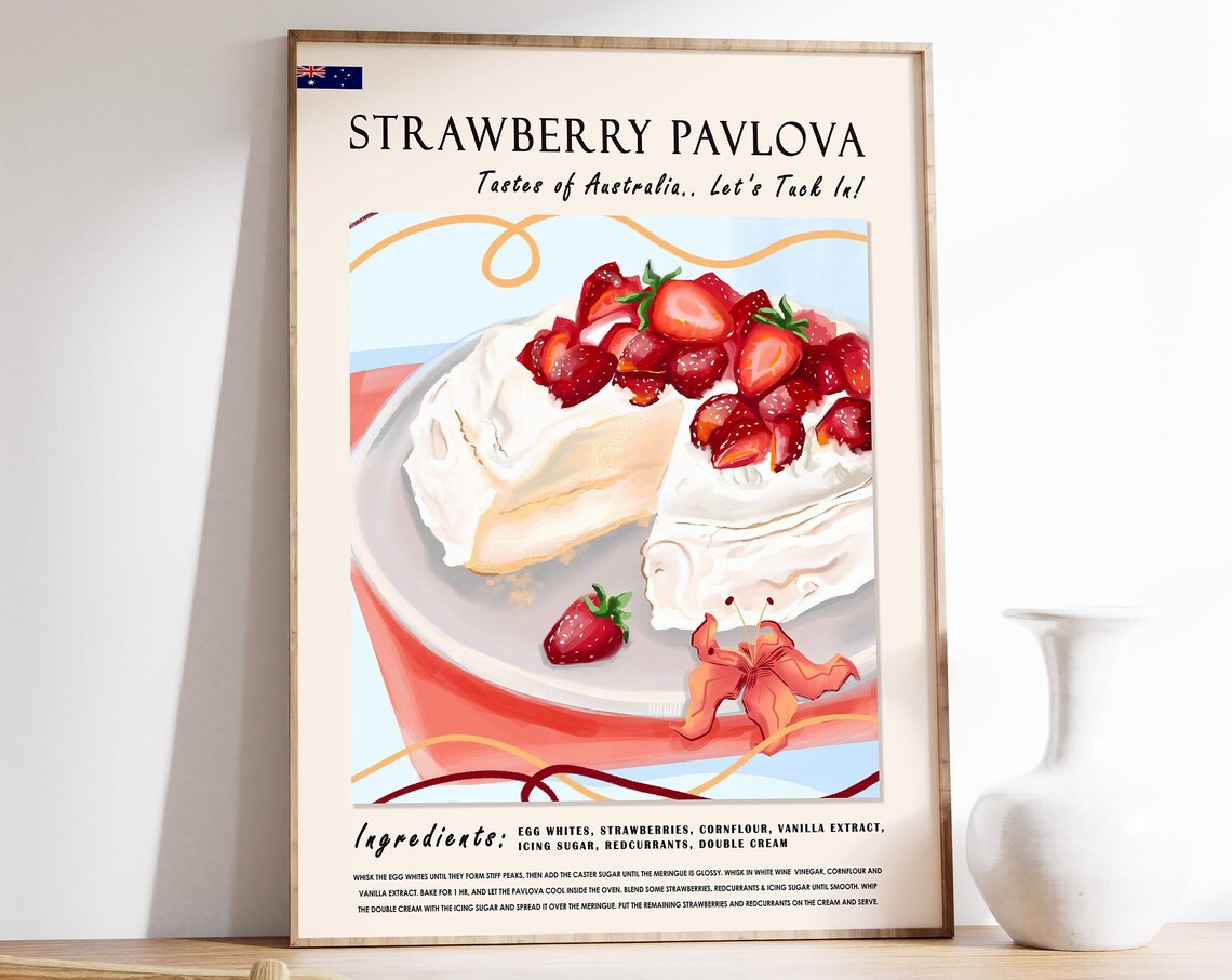 Strawberry Pavlova Food Poster, Kitchen Dessert Art