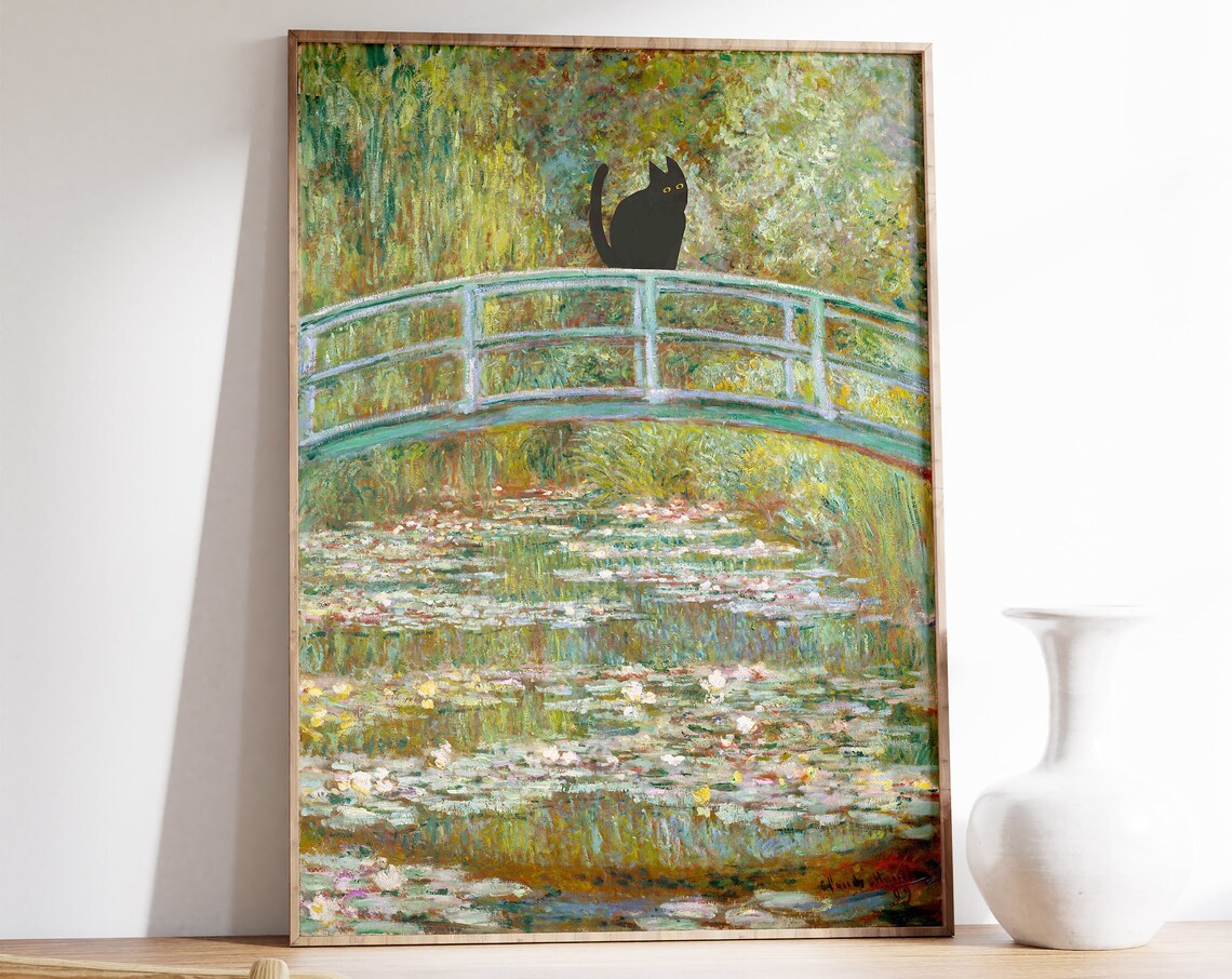 Monet-Inspired Waterlily Cat Art Print, Floral Decor