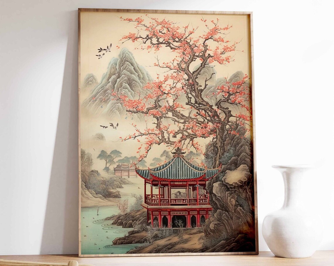 Chinese Vintage Art Print, Oriental Landscape Floral