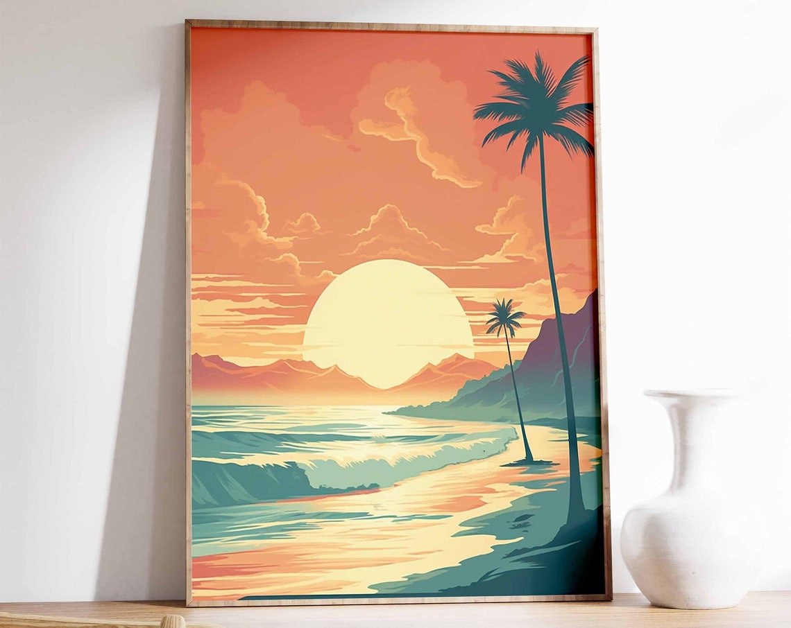 Retro Sunset Surf Beach Palm Trees Waves Picturesque Wall Art