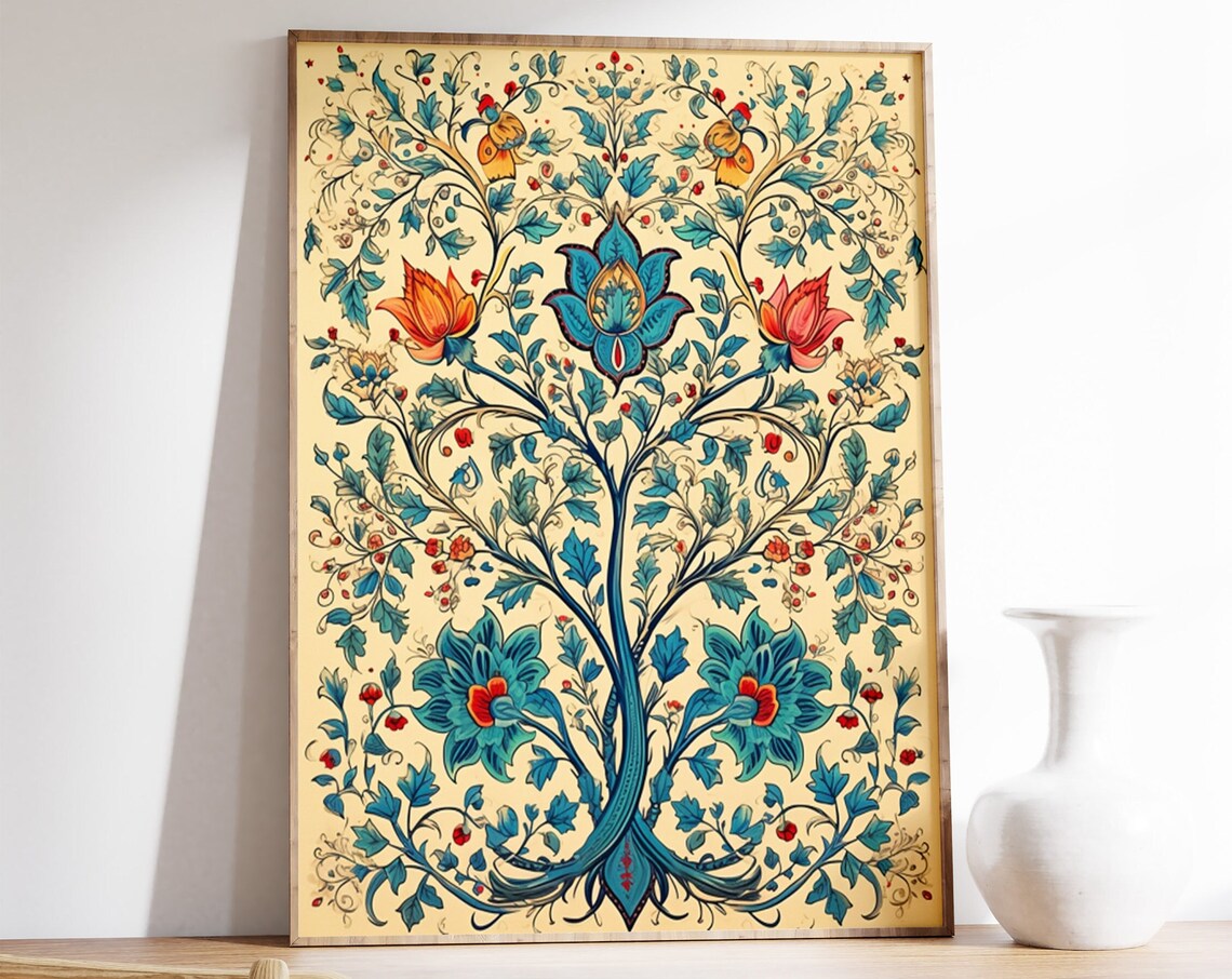 Teal Leaf Orange Lotus Indian Persian Botanical Floral Art Poster
