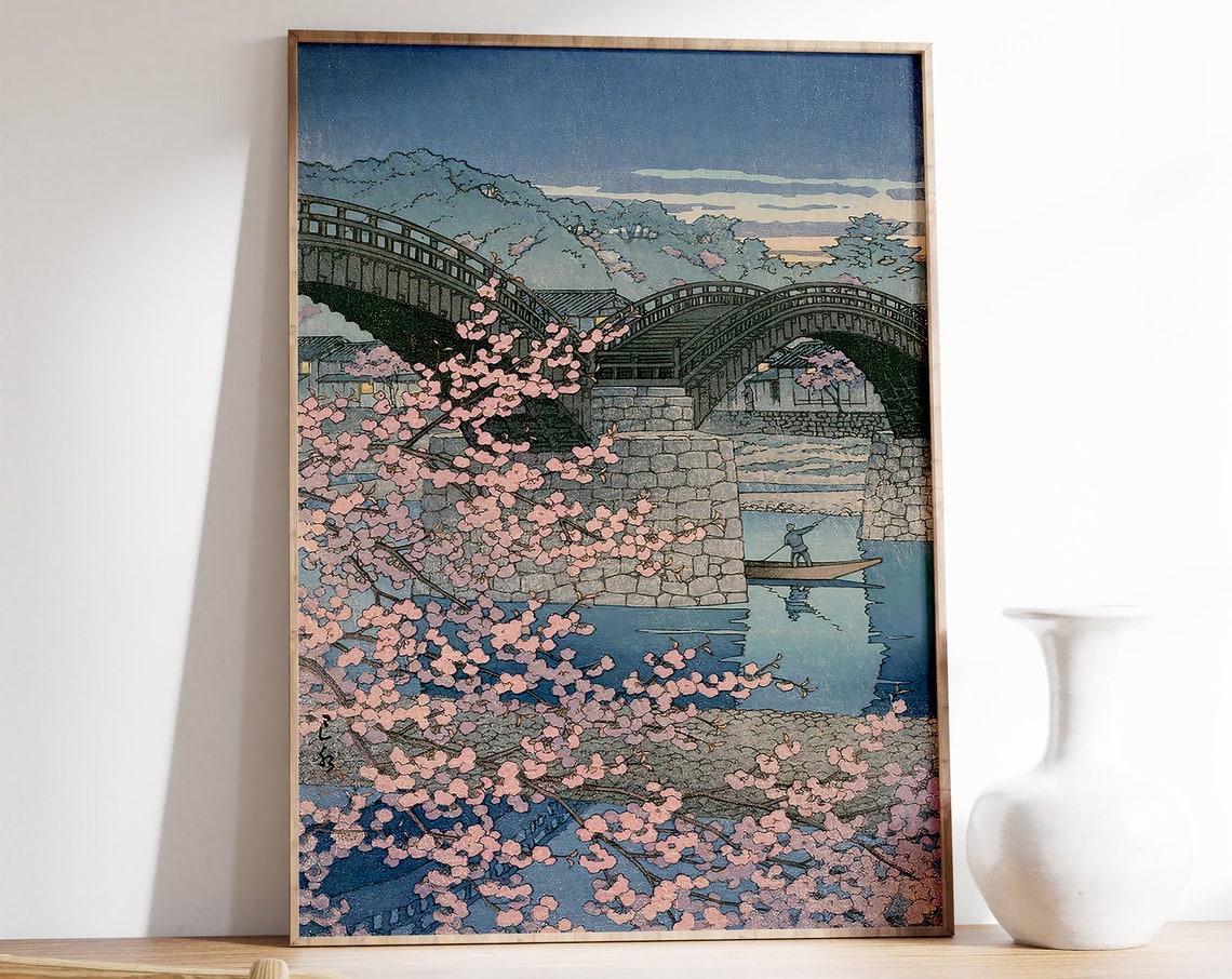 Hasui Kawase Spring Evening Kintai Bridge Cherry Blossom Poster