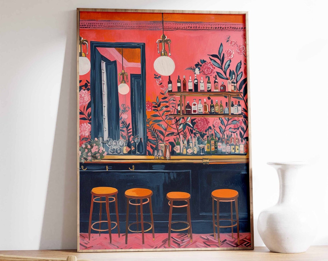 Retro Cocktail Bar Interior Pink Floral Vintage Bar Scene Poster