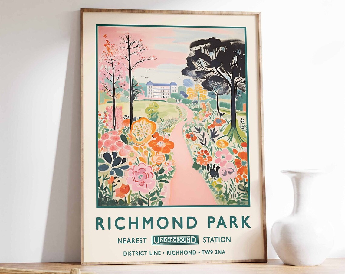 Richmond Park London Vintage Floral Travel Poster District Line Art