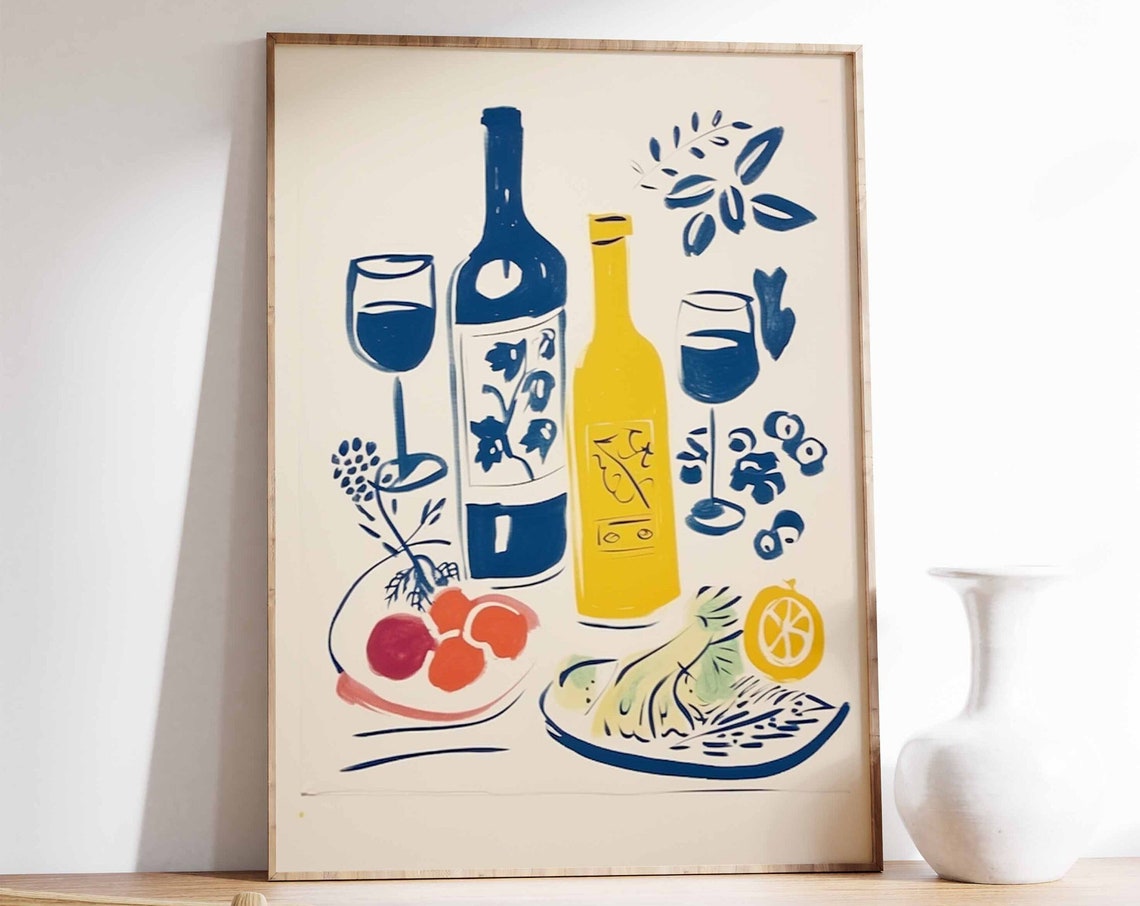 Dinner Party Wine And Food Still Life Illustration Poster Vintage